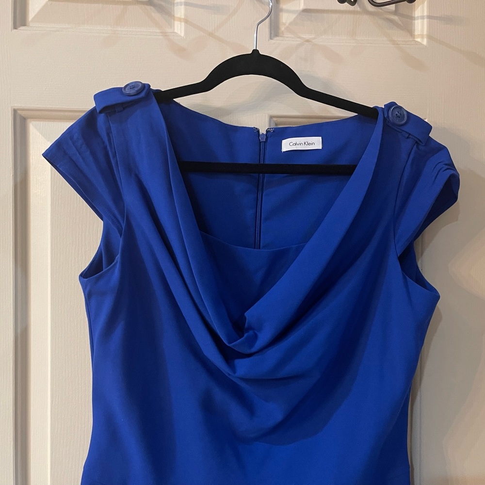 Calvin Klein Sapphire Blue Cowl Neck Pocket Sheath Dress
